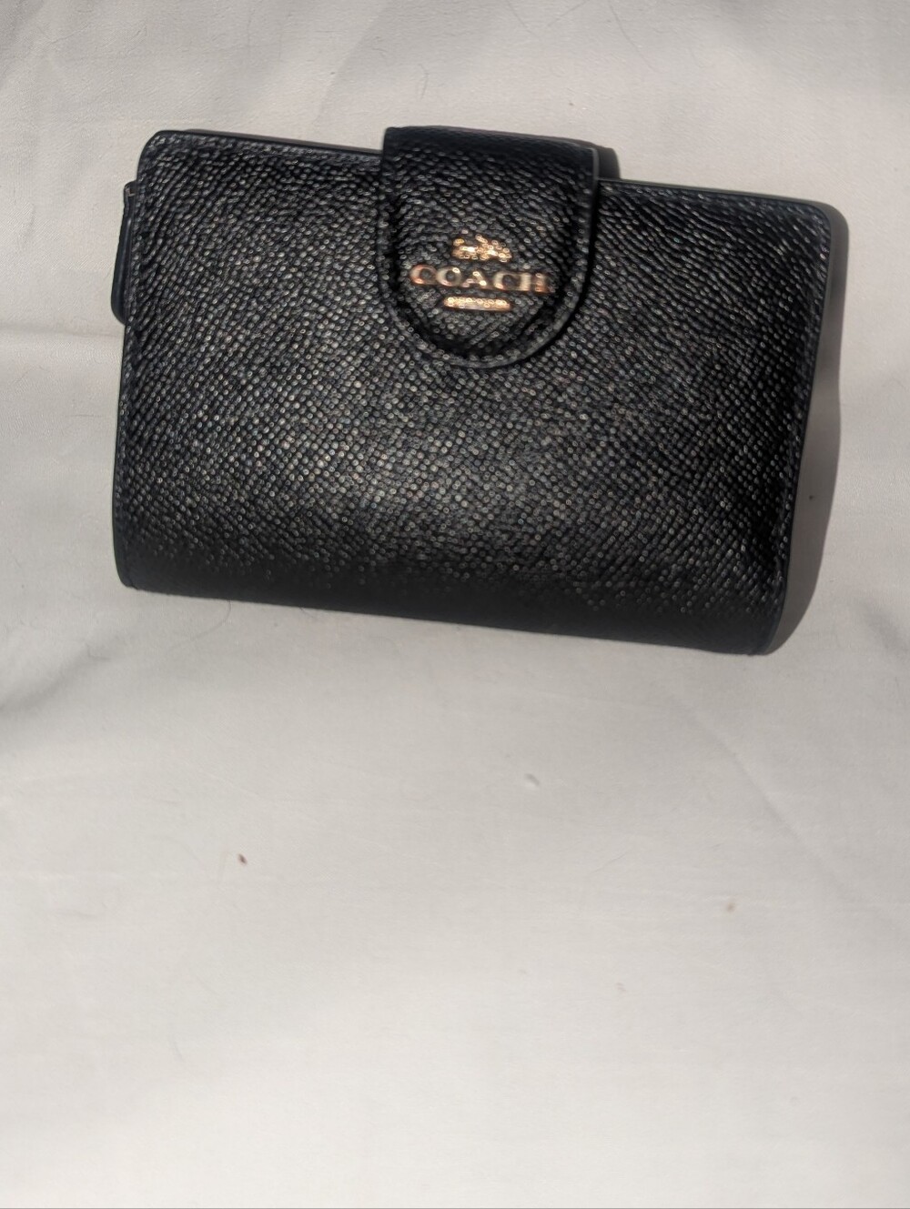 Coach Black Corner Zip Leather Compact Wallet with Snap Closure